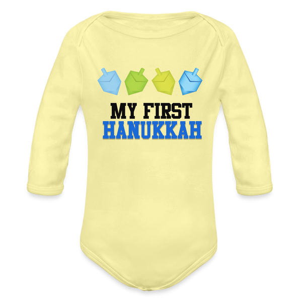 My First Hanukkah Organic Long Sleeve Baby Bodysuit - washed yellow
