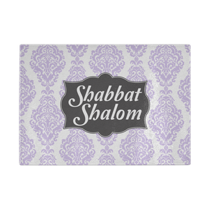Lilac Damask Shabbat Shalom Glass Serving Tray