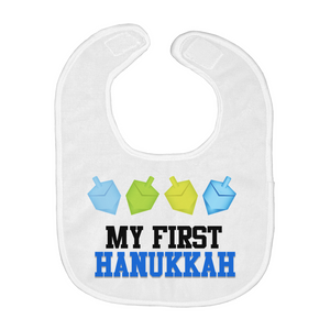 My First Hanukkah Baby Bib Dancing Dreidels Blue and Yellow