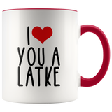 i heart you a latke red handle mug