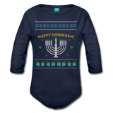 Hanukkah Ugly Sweater Organic Baby Long Sleeve Bodysuit - dark navy
