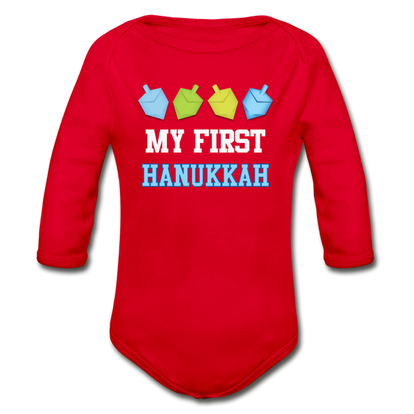 My First Hanukkah Organic Long Sleeve Baby Bodysuit - red
