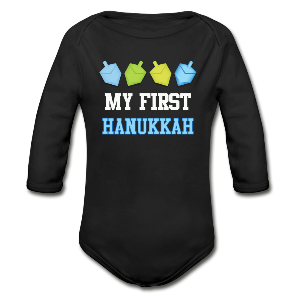 My First Hanukkah Organic Long Sleeve Baby Bodysuit - black
