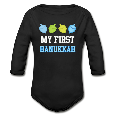 My First Hanukkah Organic Long Sleeve Baby Bodysuit - black