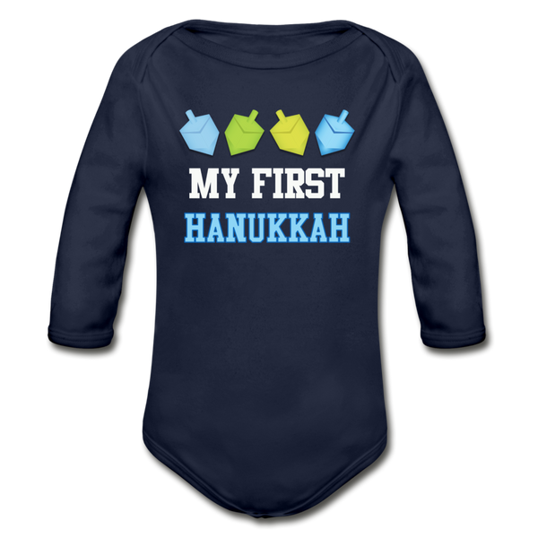 My First Hanukkah Organic Long Sleeve Baby Bodysuit - dark navy