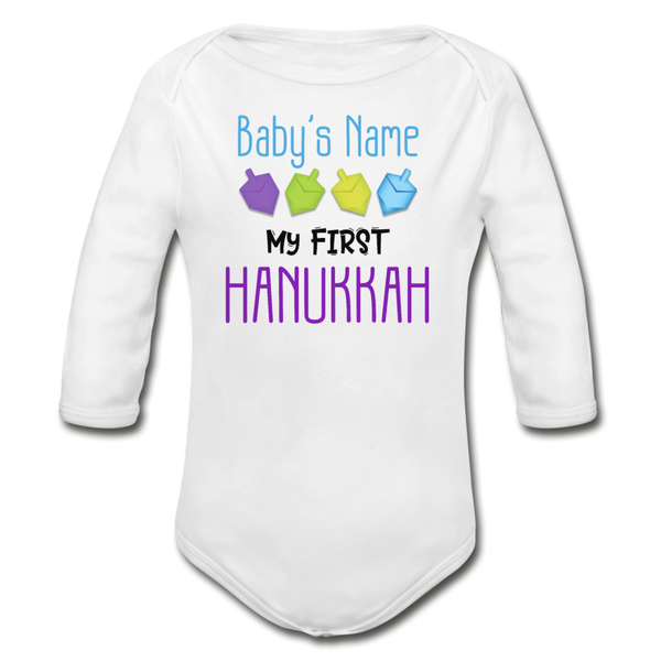 Personalized My First Hanukkah Organic Long Sleeve Baby Bodysuit - white