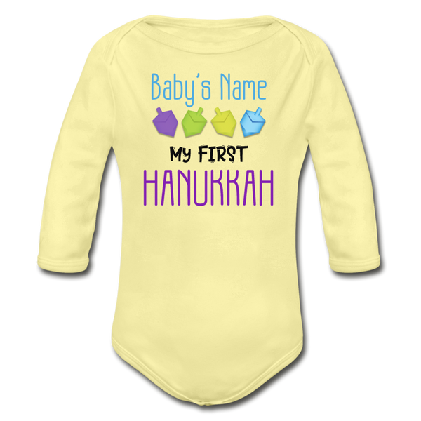 Personalized My First Hanukkah Organic Long Sleeve Baby Bodysuit - washed yellow