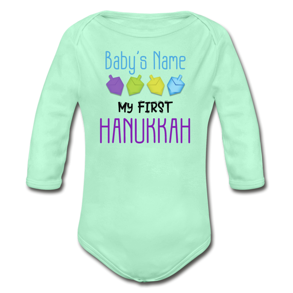 Personalized My First Hanukkah Organic Long Sleeve Baby Bodysuit - light mint