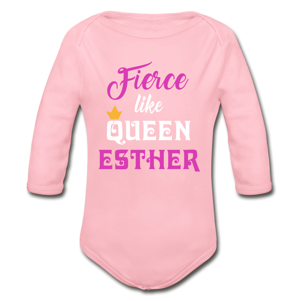 Fierce Like Queen Esther Organic Long Sleeve Baby Bodysuit - light pink