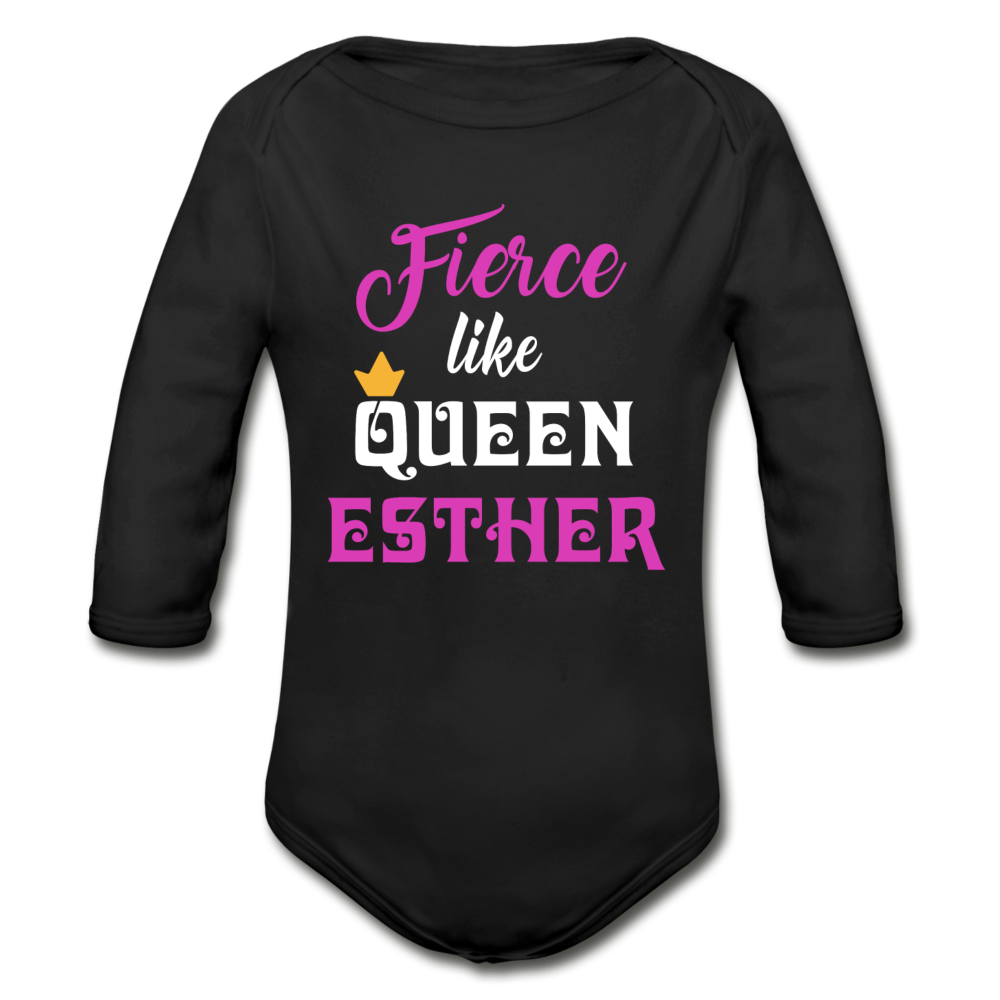 Fierce Like Queen Esther Organic Long Sleeve Baby Bodysuit - black