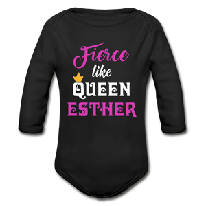 Fierce Like Queen Esther Organic Long Sleeve Baby Bodysuit - black
