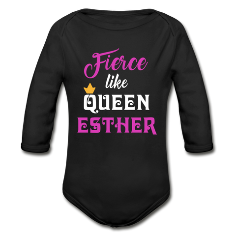 Fierce Like Queen Esther Organic Long Sleeve Baby Bodysuit - black
