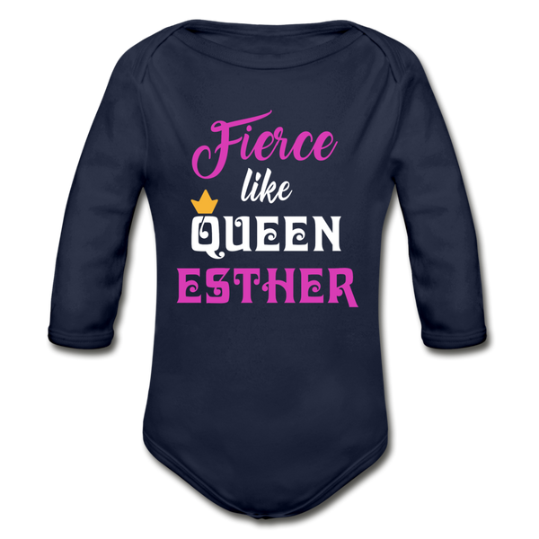 Fierce Like Queen Esther Organic Long Sleeve Baby Bodysuit - dark navy
