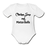 "Chicken Soup & Matzo Balls" Organic Short Sleeve Baby Bodysuit - white