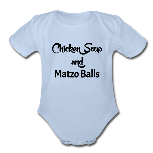"Chicken Soup & Matzo Balls" Organic Short Sleeve Baby Bodysuit - sky