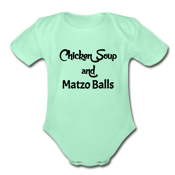 "Chicken Soup & Matzo Balls" Organic Short Sleeve Baby Bodysuit - light mint