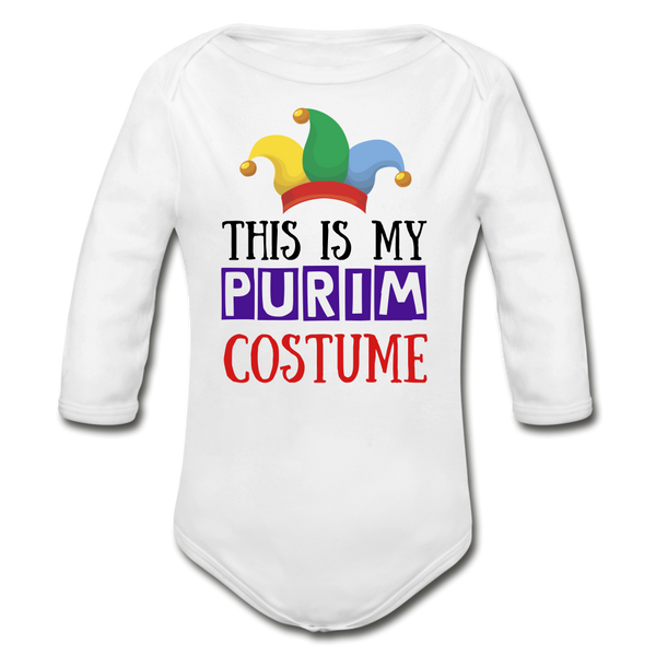This Is My Purim Costume Organic Long Sleeve Baby Bodysuit - white