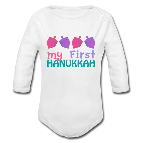 First Hanukkah Chanukah Organic Long Sleeve Baby Bodysuit - white