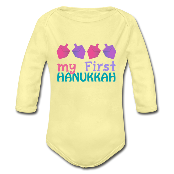 First Hanukkah Chanukah Organic Long Sleeve Baby Bodysuit - washed yellow