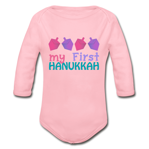 First Hanukkah Chanukah Organic Long Sleeve Baby Bodysuit - light pink