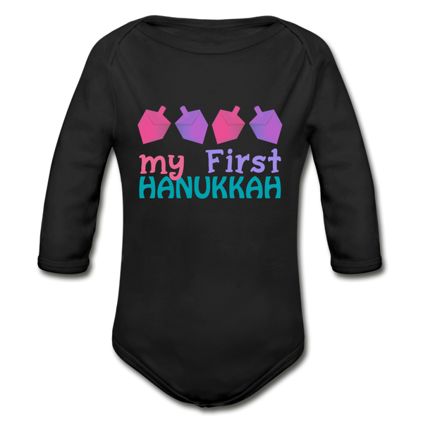 First Hanukkah Chanukah Organic Long Sleeve Baby Bodysuit - black